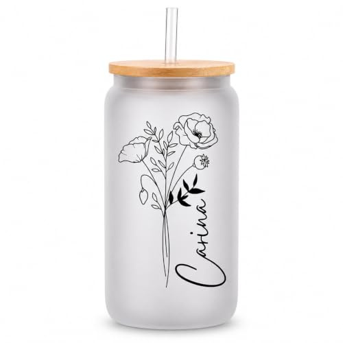 Drawelry Name Trinkgläser Personalisiert mit Deckel Strohhalm Glücksblumen Gedruckt Glasbecher 500ml Getränke Wasser Gläser Geburtstag Geschenke für Cocktail, Whisky, Eiskaffee, Soda, Säfte (B)