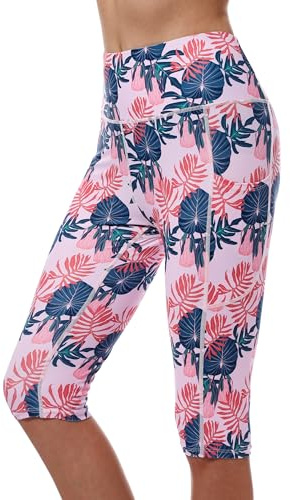Cagola Pantalones de natación para mujer, con protección UPF50+, de cintura alta, control de abdomen, longitud a la rodilla, pantalones cortos de natación largos con bolsillos, secado rápido, Hoja