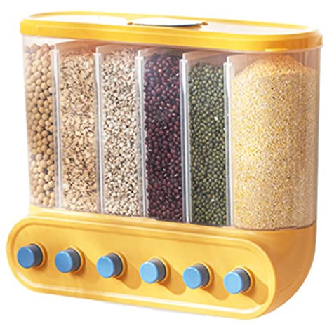 Whole grains Wall-mounted Cereal Dispenser,Multiple Compartment Storage Dry Food Dispenser Oatmeal,Beans Kitchen,Home Oatmeal Machine Universal (Color: Yellow-6 compartments)
