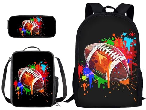 Xoenoiee Colored Paint American Football Pattern School Backpack 3 Pieces Set for Boys Girls with Lunch Box Pencil Bag Primary/Middle School Bag Teenager Bookbags