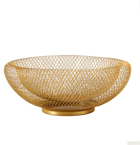 IBWell Grand panier de rangement en fil métallique tissé pour cuisine, grand support à fruits en maille noire, pour pomme, ananas, banane, orange, citron, poire, fraise, pastèque (doré, taille S)