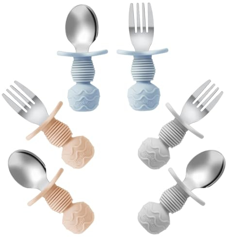 PandaEar Lot de 6 Cuillères et Fourchettes en Acier Inoxydable pour Tout-Petits - Couverts Anti-Étouffement pour Bébé et Enfants dès 18 Mois (Bleu/Gris/Pêche)