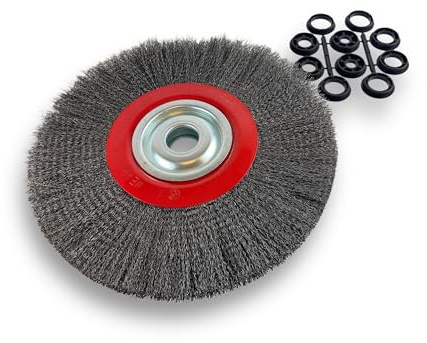 Kibros Brosse circ. touret ACIER fil dur Ø 300 mm 2 rangs | Fil dur 0.30 mm ondulé, alésage 32 mm + réducteur bague 25-12 mm, meuleuse affûteuse ponceuse, décapage ébavurage brossage.