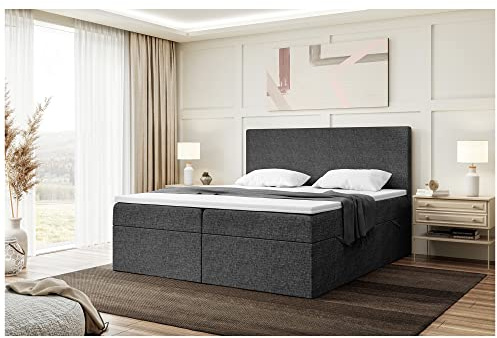 MEBLINI Boxspringbett mit Bettkasten - 200x200 - Gepolstert Doppelbett mit Matratze und Topper - Polsterbett mit Stauraum - Bett mit Kopfteil - Stauraumbett - Zlatan - H3/Dunkelgrau Webstoff