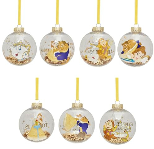 Disney – Set mit 7 Weihnachtskugeln – Die Schöne und das Biest – Belle, Beast, Gaston, Lumiere, Cogsworth, Mrs. Potts & Chip – Offizielles Lizenzprodukt – Dekoration