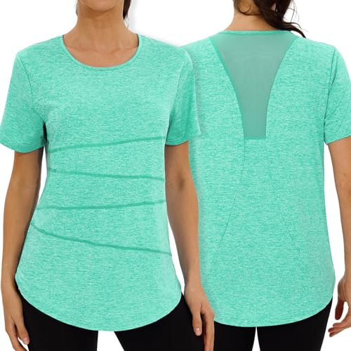 Terecey Sportshirt Damen Locker Fitness Yoga Shirt Kurzarm Funktionsshirt Laufshirt Leichtes Rundhalsausschnitt Wandershirt Frauen Athletisch Kurzarmshirt mit Back Mesh, Grün L