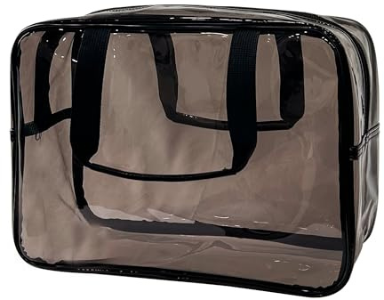 TotePrint PVC Black Pure Color Transparent Gift Pouch Wash Travel Makeup Cosmetic Bag with Handle for Travel Bathroom Toiletry Organizer (Black)