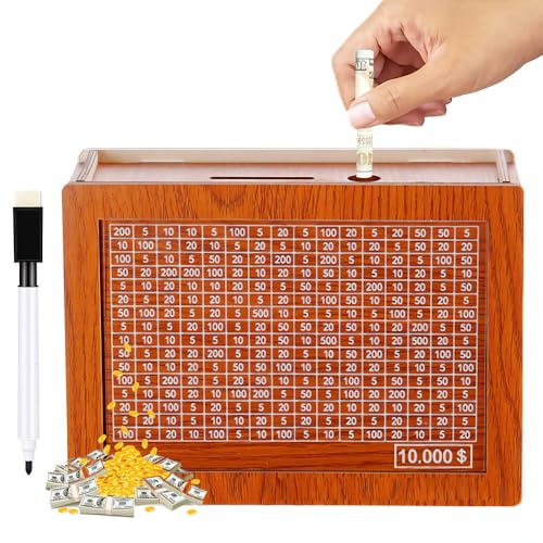 Cash Vault Wooden Savings Box, Money Saving Challenge for Adults and Kids, Coin Counter Piggy Bank for Christmas Birthday Gifts (10000)