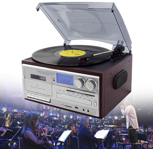 QFGain Vintage Vinyl Record Player with Built in Speakers, 3 Speed Gramophone CD Tape Phonograph with Headphone Jack, Retro Playback Cassette Players, AM/FM Digital Radio,Silver