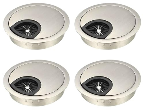 4-teiliges Computertisch-Set, Kabeldurchführung, Zinklegierung, Metall-Kabellochabdeckung, runde Organizer, Tischkabel (Ø 60 mm, gebürstetes Silber)