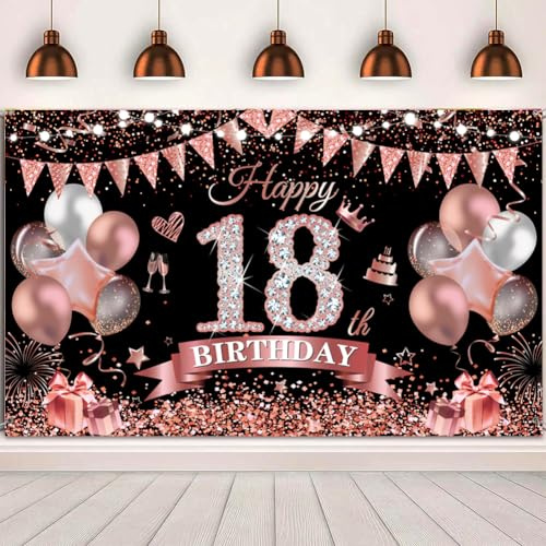 18.Geburtstag Banner Schwarz Roségold Deko 18. Geburtstag Mädchen 18 Hintergrund Banner 18 Jahre geburtstagsbanner für 18 Mädchen Geburtstag Party Deko