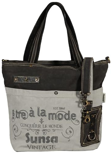 Sunsa Handtasche. Damen Schultertasche aus Canvas & Leder, schwarz grau | Große Shopper Tasche A4-geeignet – Stofftasche mit abnehmbarem Crossbody-Schultergurt für Alltag, Arbeit und Urlaub
