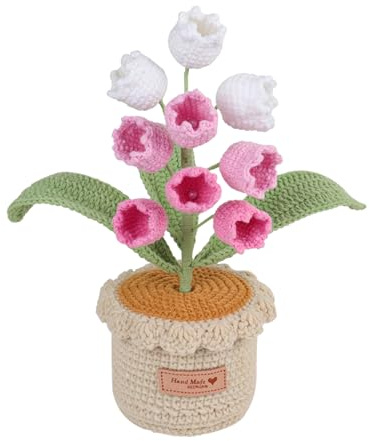 Lovmeety Crochet Lily of The Valley Potted Plant Purple Handmade Knitted Lily of The Valley Flowers Finished Crochet Flower Gifts for Mother's Day Birthday Graduation Home Office Table Decor