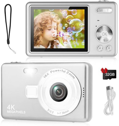Digital Camera - 1080P FHD 44MP with 2.4 LCD Screen Compact Portable Vlogging Photo Camera with 32gb SD Card 16X Digital Zoom for Kids Teen Students Beginner(Upgrade Silver)