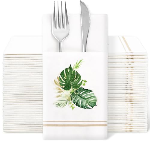 FYSUIMU Einweg-Papierservietten mit tropischen Palmenblättern, Leinen-Haptik, mit integrierter Bestecktasche, Aquarell-grünes Monstera-Blatt, Einweg-Papierservietten für den Sommer, Hawaii-Party