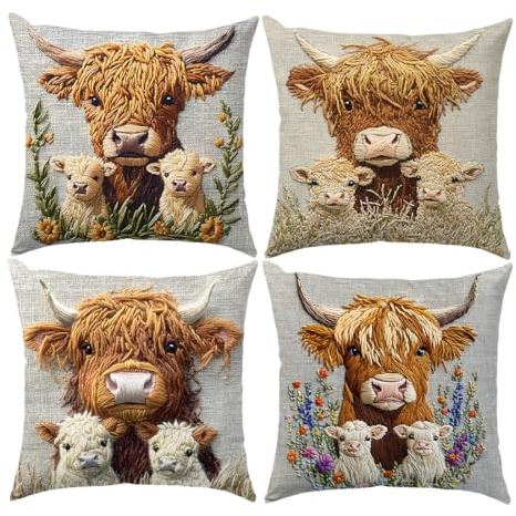 Highland Cow Embroidery Style Cushion Covers 45x45cm Set of 4 Sofa Decor | Soft Polyester Cushion Covers with Embroidery Look Highland Cow Design for Sofa Couch Bedroom Farmhouse Decor Present