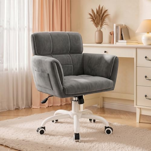 Klyvvo Schreibtischstuhl mit neigbarer Rückenlehne & Armlehnen, Schminktisch Stuhl mit Samtbezug, höhenverstellbar & 360° Drehfunktion, 150 kg, ergonomischer Bürostuhl, Homeoffice, Schlafzimmer, Grau