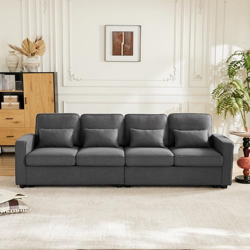 ZONJIE 4-Sitzer-Sofa, 264 cm, modernes Polstersofa mit Seitenfach, 4 Kissen und extra tiefer Sitzfläche, aus Leinenstoff mit quadratischen Armlehnen, ideal für das Wohnzimmer (Dunkelgrau)