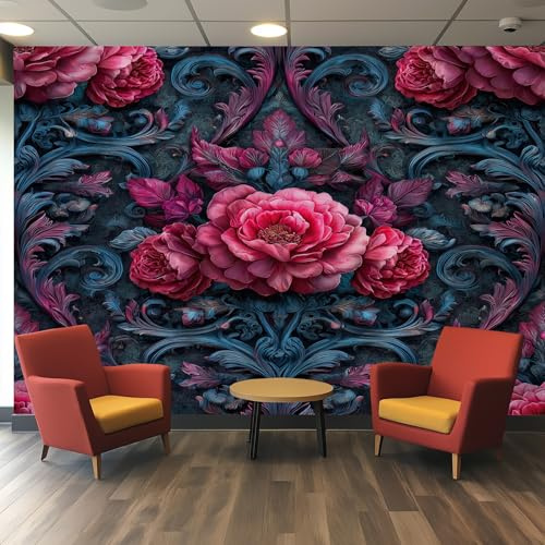 Générique Papier Peint Panoramique Pivoine Rouge 150x105, Tapisserie Murales Papier Peint Fleur Baroque Victorien Décoration Murale Salon, Intissé Wallpaper W&35