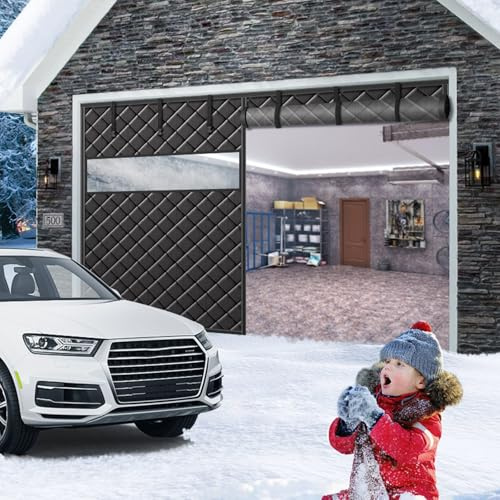 Garageportsnät för vintern, magnetisk värmeisolerad garagetäckningsgardin, termisk garageportsisoleringskit 2 bilar, garageskydd med synliga fönster, väderbeständig(Black,W229xH305cm)