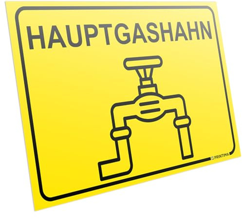 PRINTIMA PVC Schild „HAUPTGASHAHN“ 32x21cm – Hinweisschild mit Piktogramm & Montagedübeln – Wetterfeste Kennzeichnung für Gashahnposition im Innen- & Außenbereich