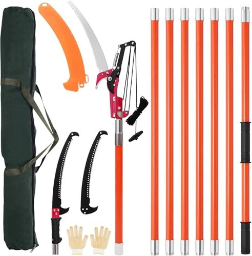 Teodute Manual Pole Saw 8 m, Sharp Steel Blade and Scissors 2.2–8.2 m Extendable Tree Shears, High Branches, Branch Cutter with Light 8 Fiberglass Handles for Trimming Palms Shrubs