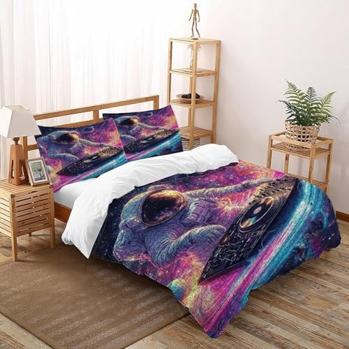 DICENOR astronauta DJ Bedding Set 100% Microfibra, Pittura Astronauta Microfibra Copripiumino 3 Pezzi Per Bambini,adulti(2 Federa 50x75) Super King（260x220cm）