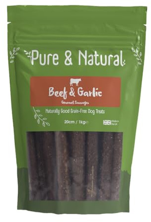 Pure & Natural Beef & Garlic Dog Sausages 1kg - 20cm High-Protein Grain-Free Meat Treats for Training & Rewards - Delicious Natural Hypoallergenic Snack - Made in Britain