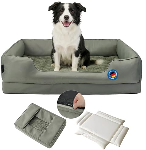 Zedelmaier orthopädisches Hundebett mittelgroße Hunde L 90×64cm Militärgrün | Hundekörbchen waschbar, Bezug abnehmbar, extradicke Matratze, hoher kratzfester Rand, Hundekorb oben und seitlich wasserdicht