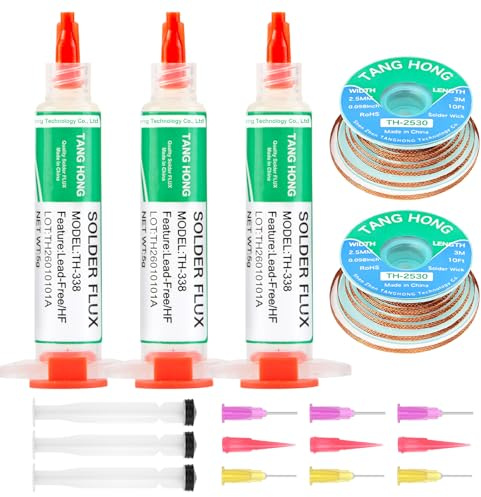 TANG HONG TH-338 Flussmittel Löten,5ML No-Clean Bleifreies Kolophonium Flussmittel (3 Stück) 2.5MM/3M Entlötlitze (2 Stück) Geeignet Für Handy-Lötungen,BGA,Haushaltsgerätereparaturen