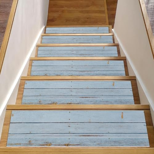 RODAILYCAY Tappeto per scale in legno blu anticato rustico, antiscivolo, 15 pezzi, per gradini in legno per interni, gradini per scale, tappeti per scale