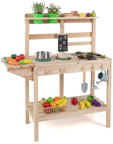 COSTWAY Mud Kitchen, Outdoor Kids Play Kitchen with Stoves, Sink, Rotation Knobs, Chalkboard, Flowerpots, Storage Shelves & Accessories, Wooden Chef Pretend Kitchen Playset for Boys Girls Ages 3+