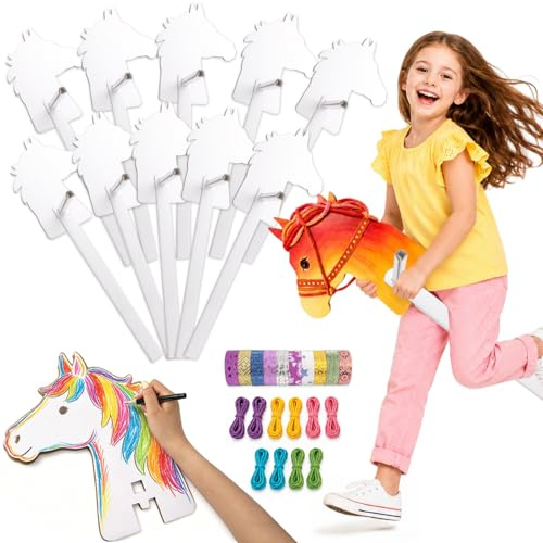 XupQisut Steckenpferde aus Pappe, 10 Stück Steckenpferde Basteln, 86 x 30 x 30CM, Pferde Bastelset Kinder Selbstmontage, DIY Bemalen und Spielen, für Rollenspiele, Reiten, Kinder Party, Geburtstage