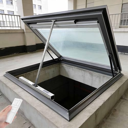 NEHCFO Ventana de Techo Eléctrica con Mando a Distancia y Sensor de Lluvia, Claraboya Inteligente de Vidrio Templado Doble, Ventana de Tejado para Ático, Sótano e Invernadero(Gray,LxW 60 x 50 cm)
