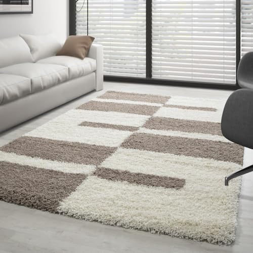 Carpettex Hochflor Teppich - Wohnzimmer Shaggy Flokati Modern Kariert Design 80 x 150 cm - Flur Läufer Beige - Bettvorleger Schlafzimmer Weich Flauschig Waschbar Küchenläufer