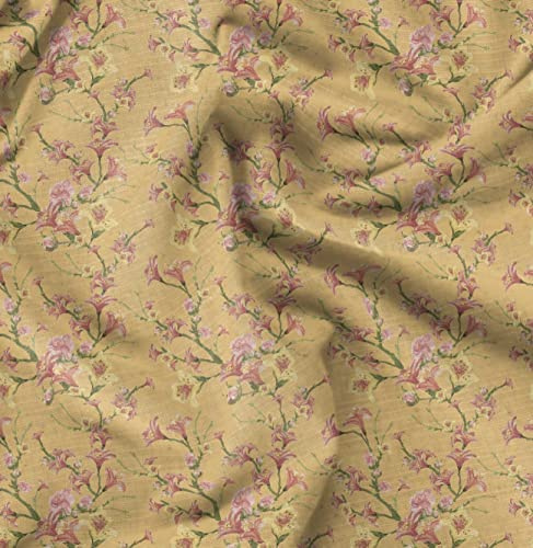 Soimoi Orange Viscose Chiffon Fabric Leaves & Azalea Floral Print Fabric by the metre 42 Inch Wide