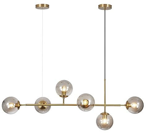 KCO Lighting Wohnzimmer-Pendelleuchte mit 6 rauchgrauen Glaskugeln, moderner, höhenverstellbarer Messing-Kronleuchter, 120 cm Höhe für Kücheninsel, Esszimmer, Restaurant