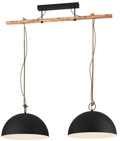 EGLO Pendelleuchte Hodsoll, 2 flammige Hängelampe Vintage, Industrial | Retro, Hängeleuchte aus Stahl, Holz, Naturseil in Schwarz, Creme, Braun, Esstischlampe, Wohnzimmerlampe hängend mit E27 Fassu