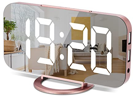Sukeen Wecker Digital, Digital Uhr mit LED-Spiegeldisplay, 6.5 Tischuhr Spiegelwecker mit Snooze, 3 Helligkeitsstufen, Digitale Uhr für Nachttisch, Schlafzimmer, Room Dekor und Büro-Roségold