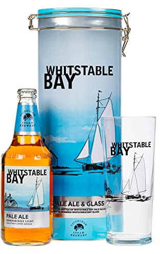 Whitstable Bay Pale Ale Gift Set – 500ml Bottle and Branded Pint Glass in Reusable Collectable Tin – By Blue Tree Gifts