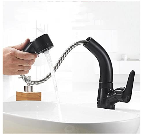 Ksunun Wasserhahn Bad mit Amusziehbarer Brause 360° Drehbar Waschtischarmatur 2 Modi Kaltes- heißes Wasser Anheben Mischbatterie Waschbecken Bidetarmatur, Messing,Schwarz
