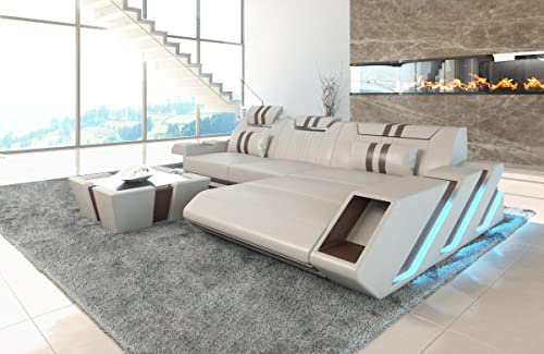 Sofa Apollonia L Form Ecksofa Ledersofa mit LED Ottomane Couch mit Kopfstützen Designersofa (Ottomane rechts, Beige-Braun)