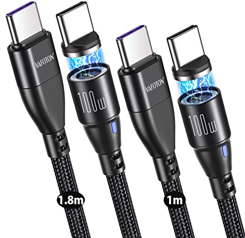 USB C to USB C Super Fast Charging Magnetic Charging Data Cable, VAFOTON Type C 100W 20V/5A PD Magnetic Phone Charger Cable[2 Pack 1M/1.8M] for MBook Pro 2021,Pad Pro, Samsung Galaxy S22/S21/S20+Ultra