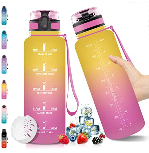 Vikaster Große Trinkflasche, 1 5 Liter, für Kohlensäurehaltige Getränke, Wasserflasche mit Zeitmarkierungen&Filter, Trinkflasche für Fahrrad, Outdoor, Schule, Fitness, Gelb/Rosa Farbverlauf-1,5l