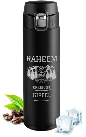Maverton Trinkflasche mit Gravur 400 ml - Thermobecher auslaufsicher 100% dicht - Easy-Clean-Deckel - Weihnachtsgeschenke - Thermoskanne aus Edelstahl - für Männer zum Geburtstag - schwarz - Gebirge