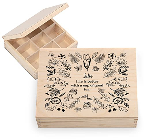 Ferocity Coffret à thé en bois personnalisé avec nom YOUR TEXT 20,5 x 23,5 cm Boîte de rangement pour sachets de thé avec 6 compartiments avec design personnalisé UV Life is Better [160]