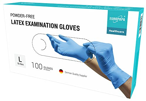 EUROPAPA® 100 x latex engångshandskar vita blå puderfria engångshandskar undersökningshandskar EN455 och EN374 handskar engångshandskar latexhandskar i stl. XS, S, M, L och XL tillgänglig (L, blå)
