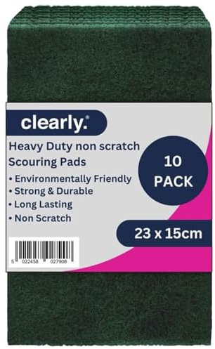 Clearly Scouring Pads, Pack of 10 Cleaning Pads, Heavy Duty Kitchen Scourers, Non Scratch Scourers, Long Lasting Green Scouring Pads, Hygienic Dish Scrubber, Environmentally Friendly Scourer