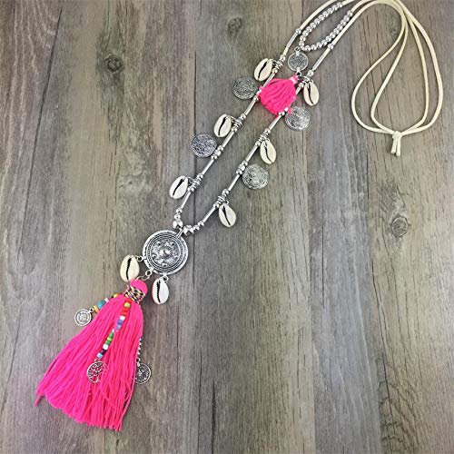 HXSCOO Antike Silberne Metall-Abstrakte Boho-große runde Muschel-Medaillon-Schmuck-Anhänger-Halsketten an Langer Gliederkette (Color : Rose)