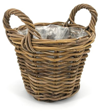 Rattankorb für Pflanzen und Blumen, für den Innen- und Außenbereich, Durchmesser 24 cm, Einsatz aus Kunststoff, Dekoration für Garten, Terrasse, Balkon, Haus, Weide,